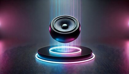 speaker, phone, headphones -  hovering over a round, circular base