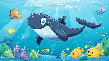 Naklejka premium 2D cartoon of a smiling whale swimming with fish in the ocean.--ar 16:9