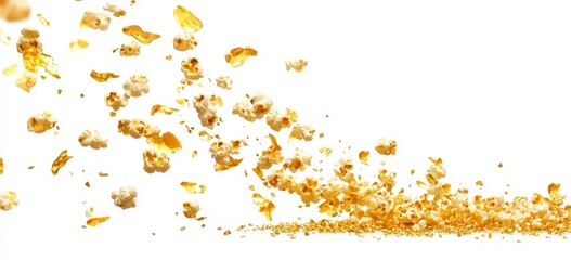 Flying popcorn kernels isolated on white.
