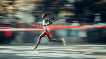 A male runner sprinting in a marathon, motion blur effect.