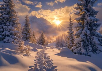 Serene Winter Landscape at Sunrise with Snow-Covered Trees and Majestic Mountains Under a Colorful Sky in a Tranquil Natural Setting