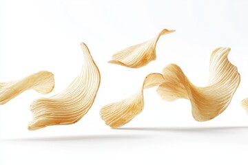 Several wavy potato chips floating on white.
