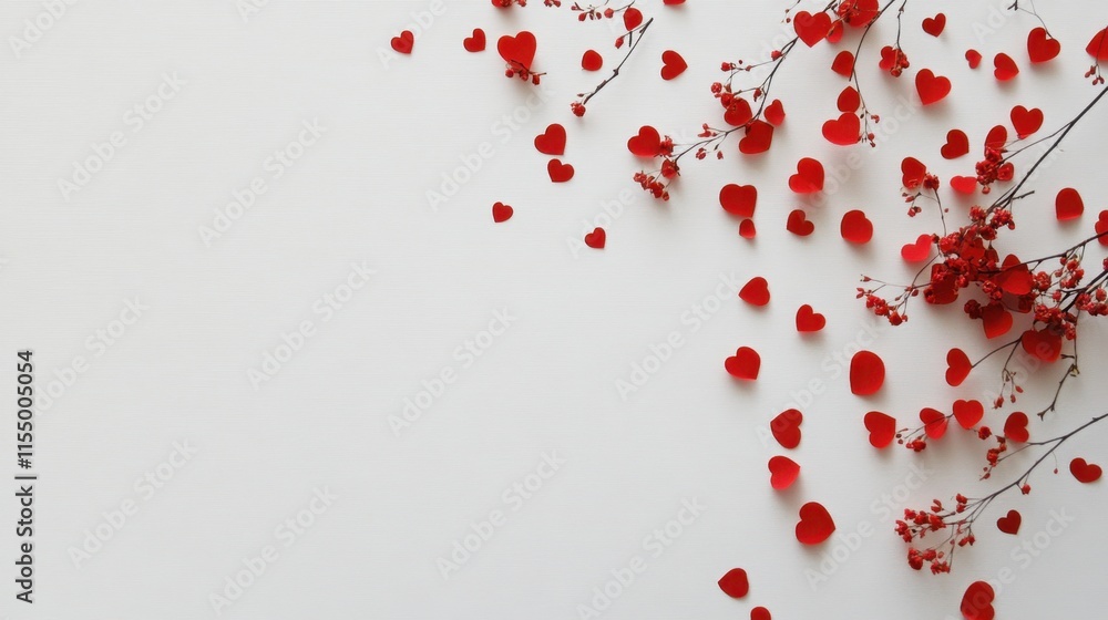 Poster a simple white background with a scattering of tiny red hearts along the borders.