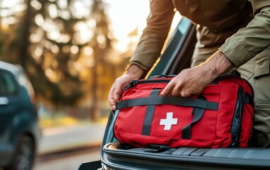 Person placing a first aid kit into a car trunk, emphasizing the importance of emergency preparedness and safety in everyday life