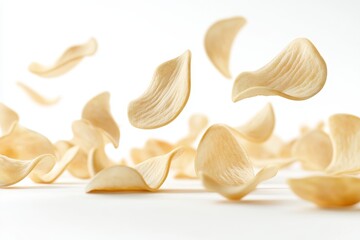 Floating potato chips, crisp, light, airy, snack.