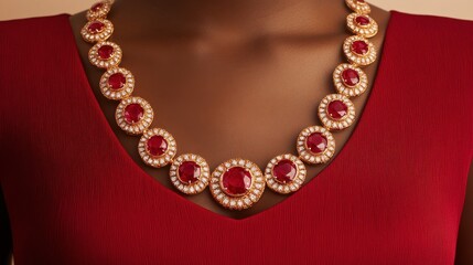 Obraz premium Elegant Red Necklace with Sparkling Gems on Dark Skin Tone
