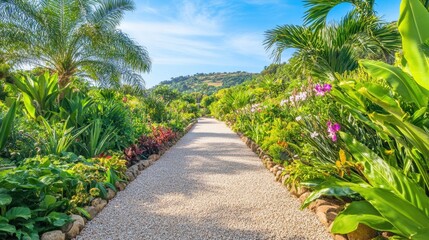 Naklejka premium Scenic Pathway Through Lush Tropical Garden with Vibrant Flora