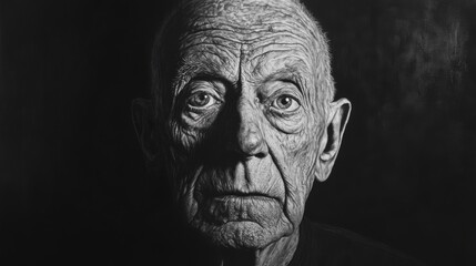Black and white portrait of an elderly man's face, showing wrinkles, deep-set eyes, and a serious expression.