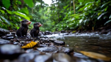 Two Young Birds Standing By a Stream in a Lush Green Rainforest, Surrounded by Tropical Foliage and Rocks, Capturing the Beauty of Nature's Wildlife Scene