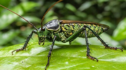 Vibrant Green Grasshopper Resting on Leaf Surrounded by Lush Foliage in a Natural Habitat Showing Intricate Patterns and Textures of Insect