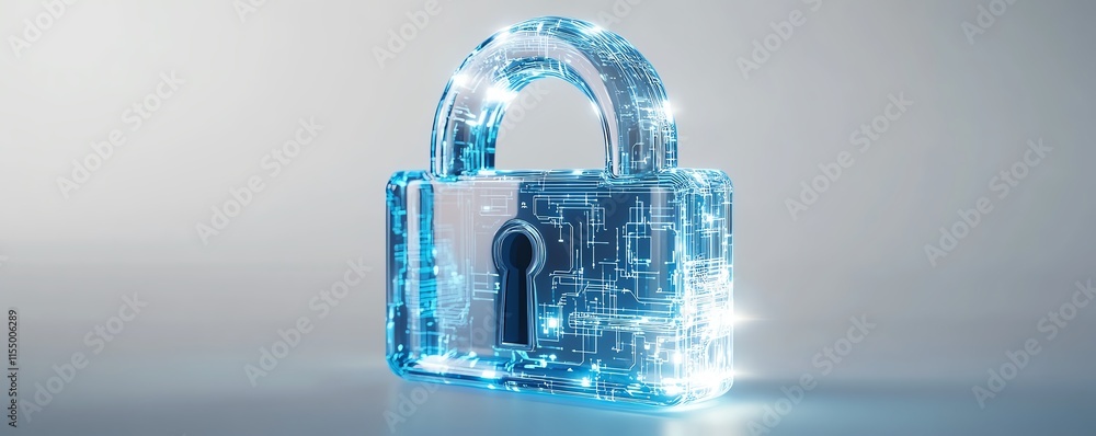 Poster Minimalistic digital padlock icon with blue circuitry lines, white background, representing the concept of tech security and virtual protection, 3D rendering