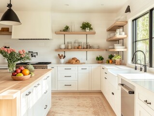 Fototapeta premium Bright Modern Farmhouse Kitchen Island and Shelving