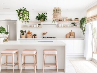 Fototapeta premium Bright White Kitchen Island With Plants And Pink Stools
