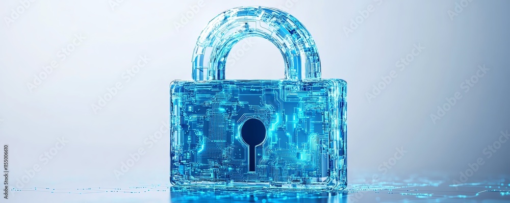 Aufkleber Tech security concept with a digital padlock icon featuring blue circuitry lines, minimalistic style, and a white background, 3D rendering