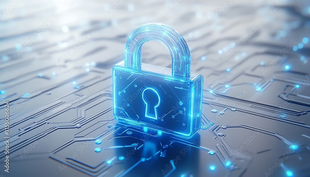 Fototapete tech security concept with a digital padlock icon featuring blue circuitry lines, minimalistic style