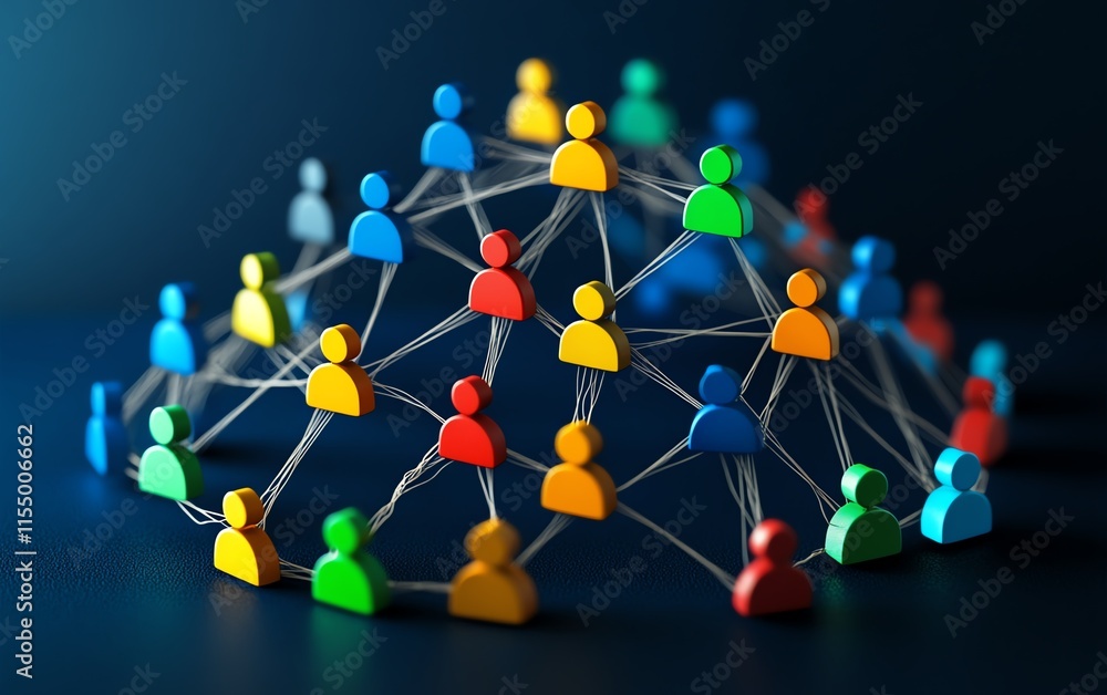 Leinwandbilder 3D rendered social network concept with user symbols and interconnecting lines on a dark blue background, symbolizing digital communication in technology