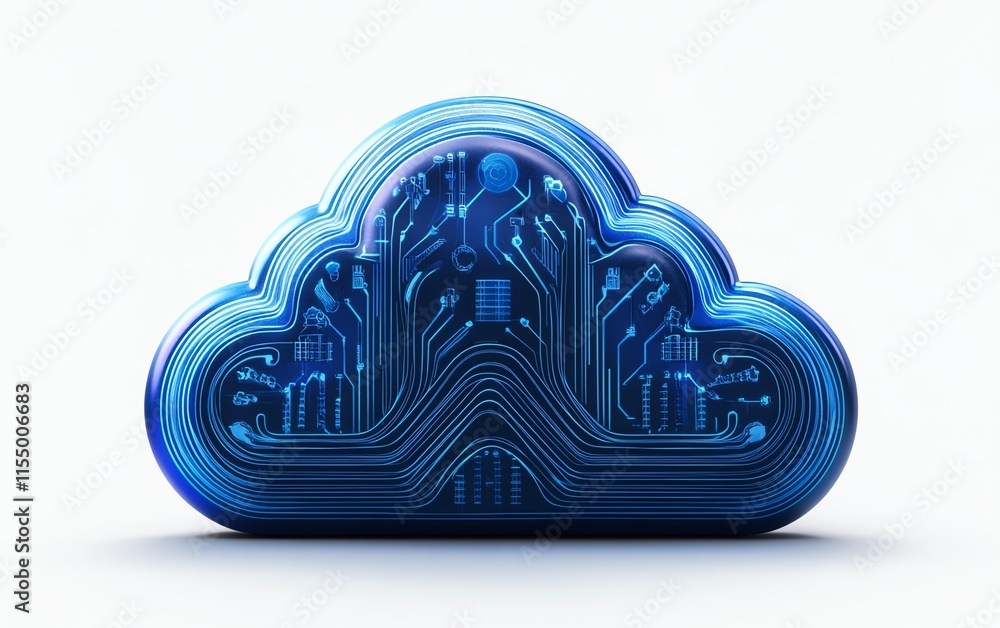 Poster 3D rendering of a cloud upload icon with blue circuit lines, white background, symbolizing technology and data transfer concepts