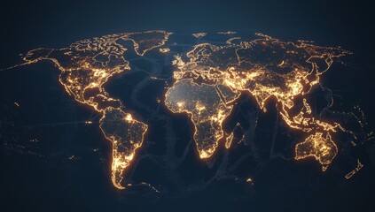 Illuminated world map at night, showing global connectivity and urban areas.