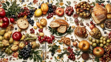 Fototapeta premium Colorful Spread of Cultural Cuisine on Tablecloth
