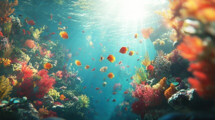 Naklejka premium A vibrant coral reef teeming with colorful fish and marine life, bathed in sunlight filtering through the water.