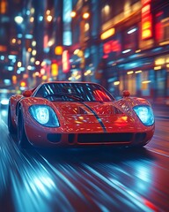 Red sports car speeding through city at night.