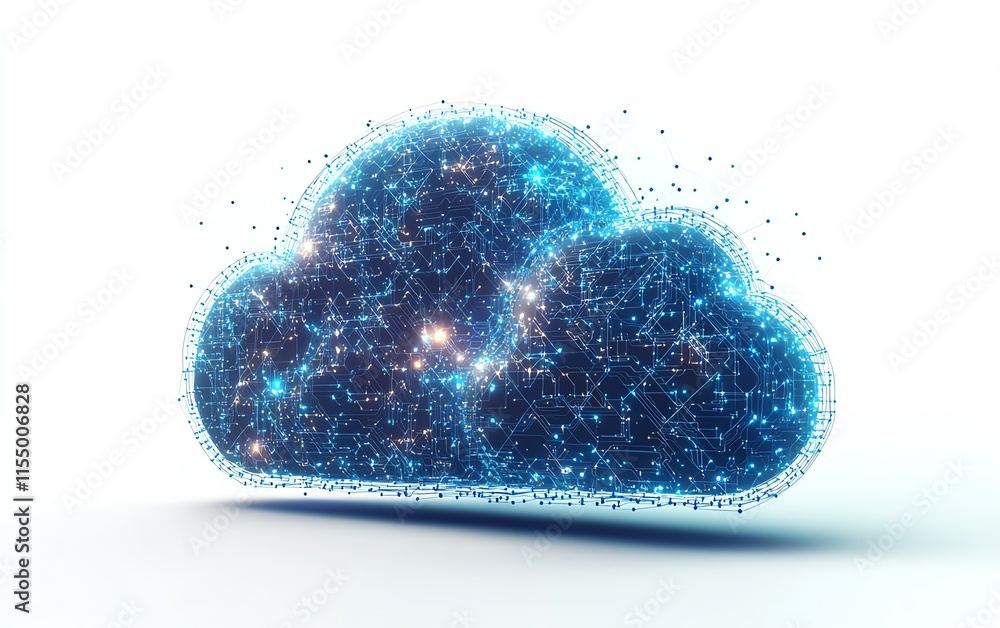 Leinwandbilder 3D rendering of a cloud upload icon with blue circuit lines, white background, symbolizing technology and data transfer concepts