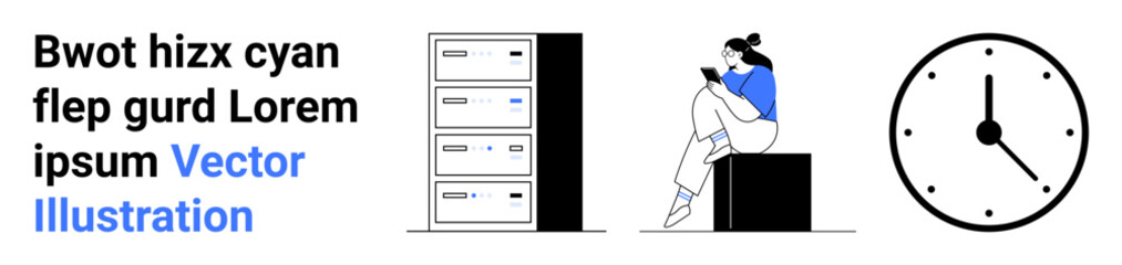 Black and white text next to server stack, person sitting with a device, clock displaying time. Ideal for technology, time management, productivity, digitalization, tech support, data centers modern