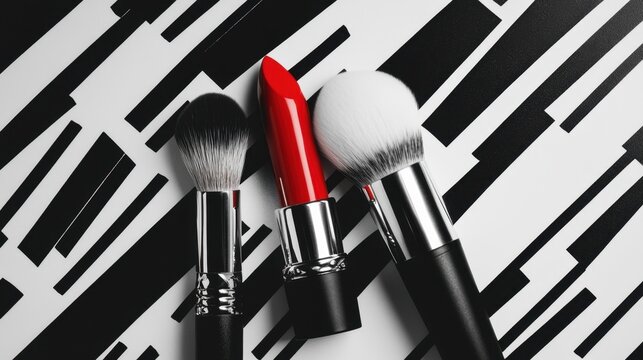 Bold Red Lipstick with Makeup Brushes on Striped Background - Powered by Adobe