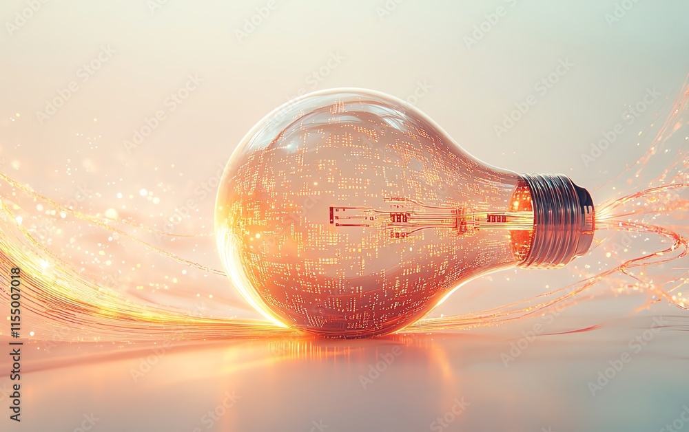 Poster 3D rendering of a digital lightbulb with abstract circuit patterns, glowing light streaks, and binary code, symbolizing futuristic ideas on a white background