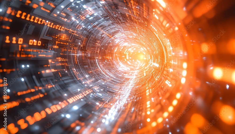 Fototapete 3d rendering of a digital lightbulb with complex circuit designs, glowing light streaks, and binary 