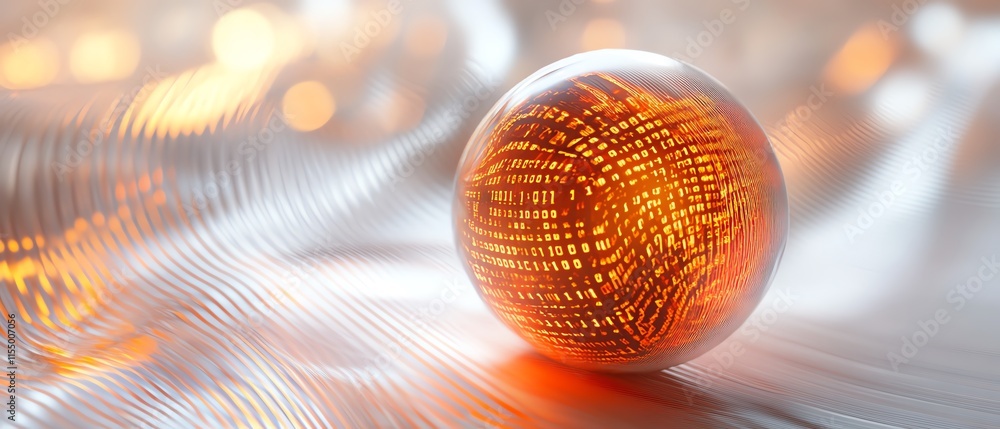 Poster 3D rendering of a digital lightbulb featuring circuit patterns, binary code, and abstract light streaks on a white background, symbolizing creativity