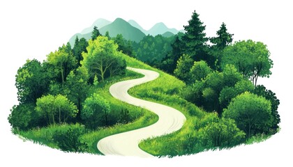 Fototapeta premium Serene Winding Path Through Lush Green Forest with Majestic Mountains in the Background on a Sunny Day