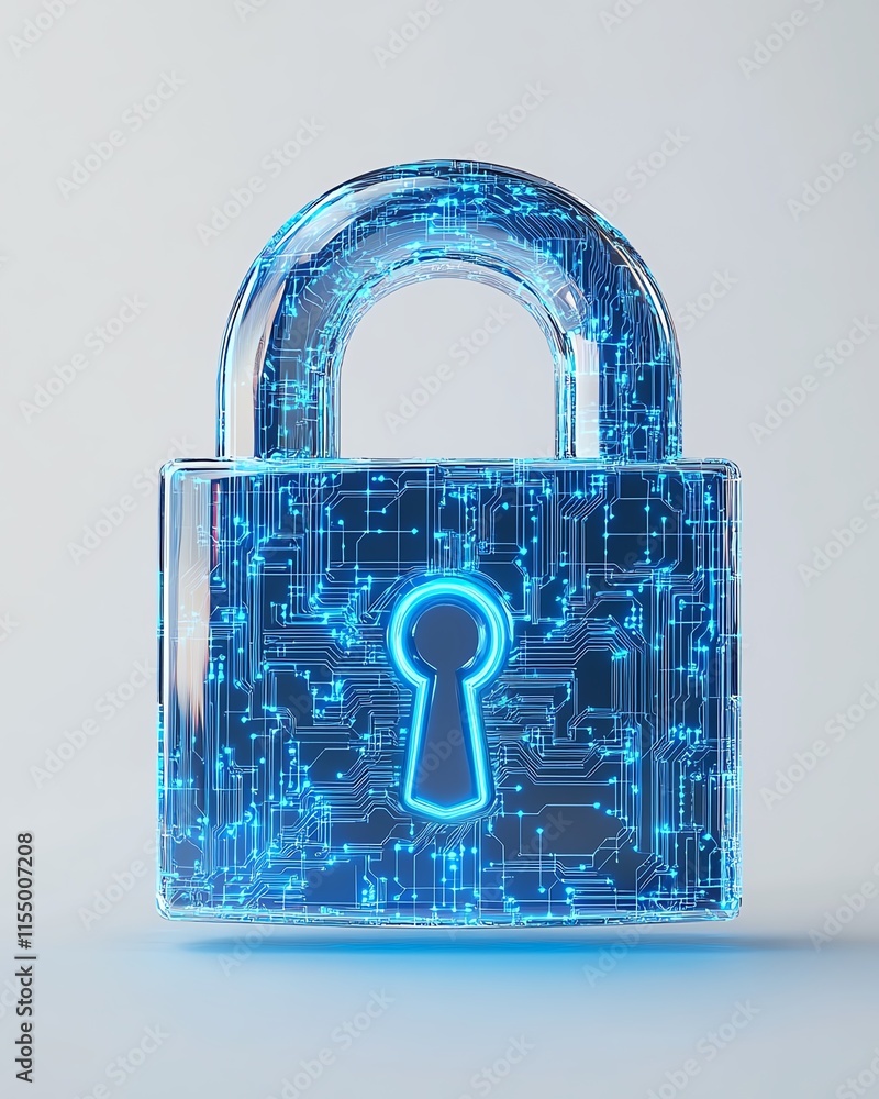 Fototapete 3d rendering of a digital padlock icon with blue circuitry lines, minimalistic design on a white bac