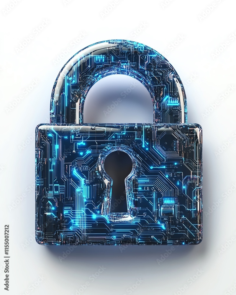 Poster 3d rendering of a digital padlock icon with blue circuitry lines, minimalistic design on a white bac
