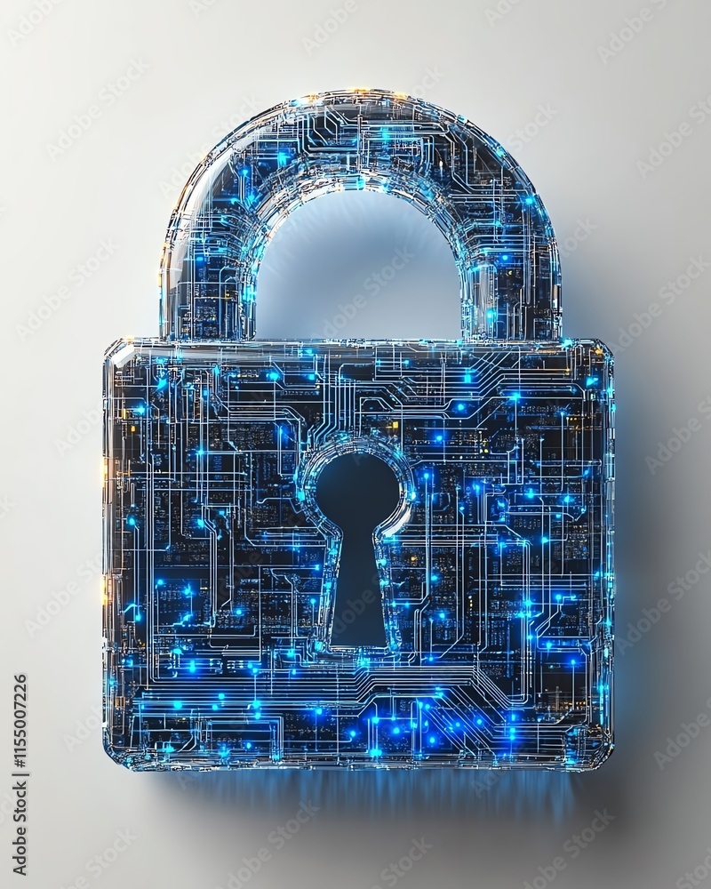 Fototapete 3d rendering of a digital padlock icon with blue circuitry lines, minimalistic design on a white bac