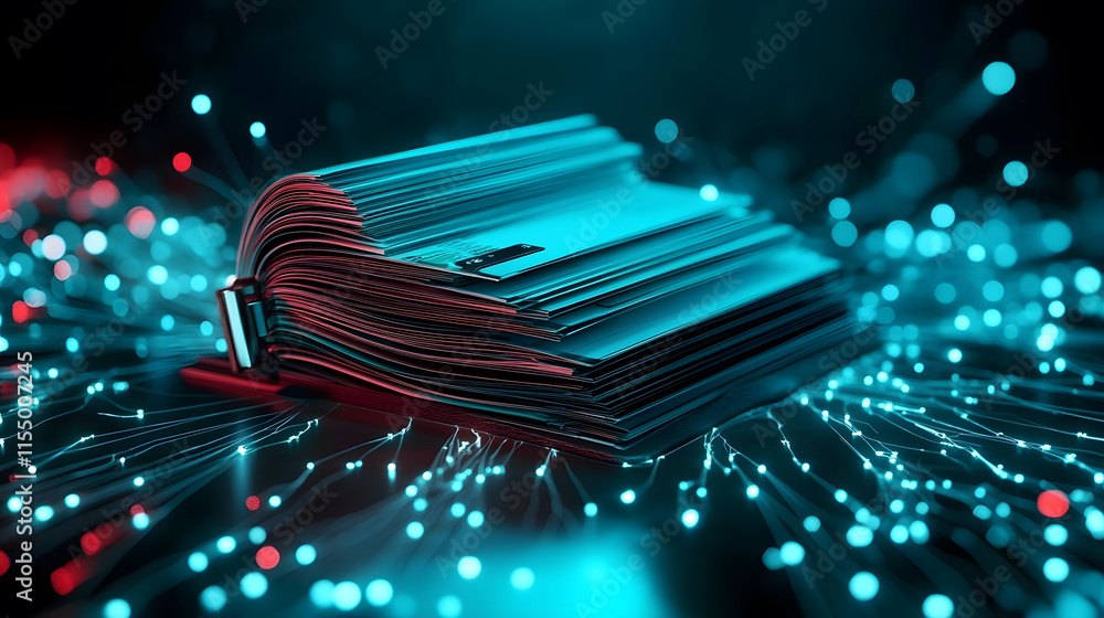 Poster Digital book surrounded by glowing particles and data streams in a futuristic setting