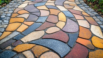 Colorful stone pathway with abstract design.