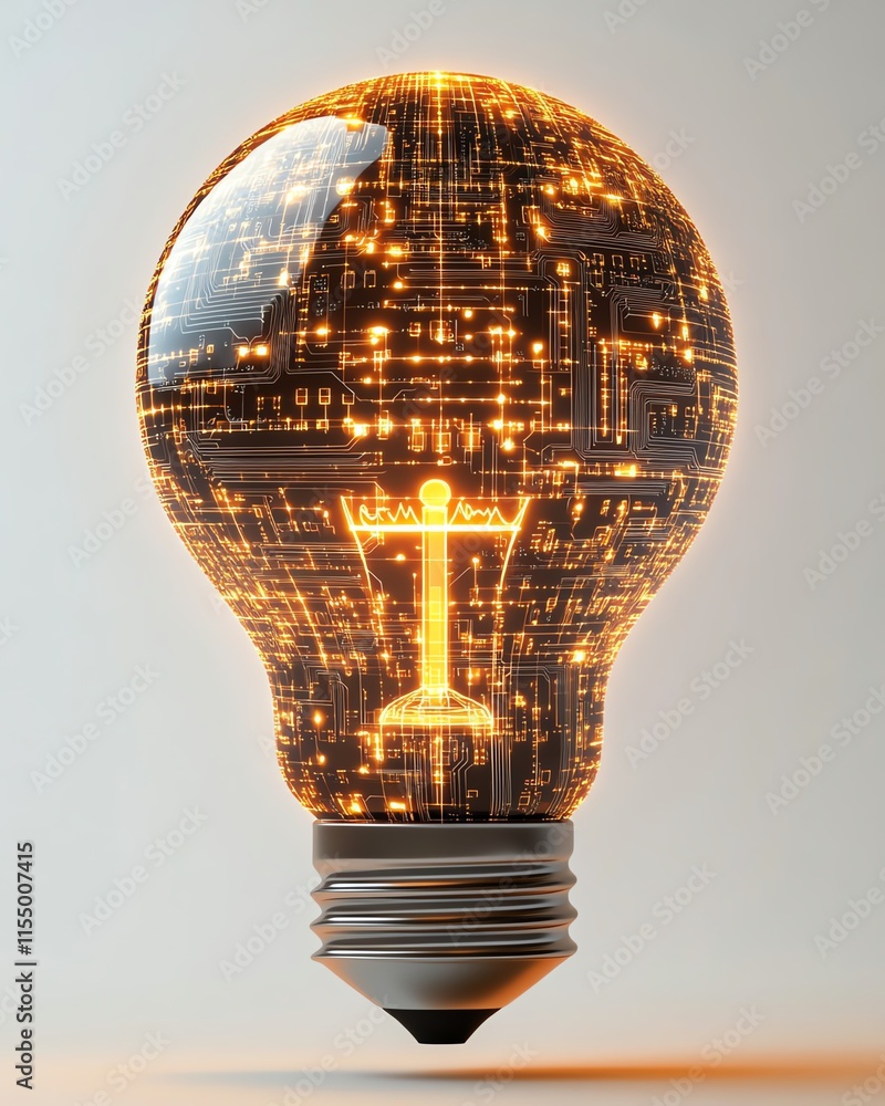 Poster 3D rendering of a lightbulb with intricate digital circuits, abstract light streaks, and binary code, representing innovation and ideas on a white background