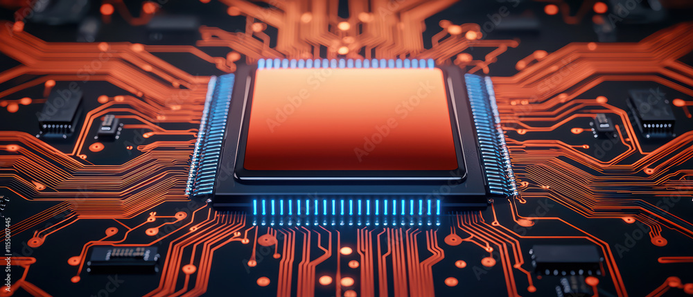 Poster close up of circuit board with glowing orange lines and central processor, showcasing intricate tech