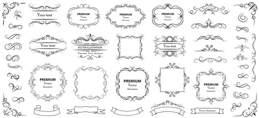 Vintage typographic design elements set. Labels and badges, retro ribbons, luxury ornate logo symbols, calligraphic swirls, flourishes. Vector set border.