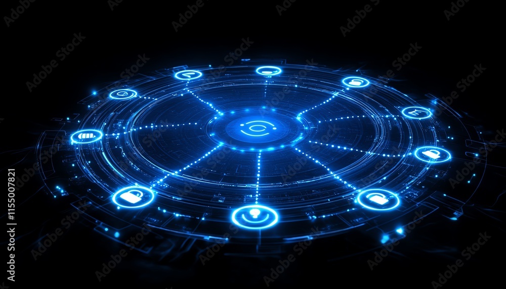 Poster abstract dark blue background with 3d rendered digital user symbols connected by glowing lines, repr