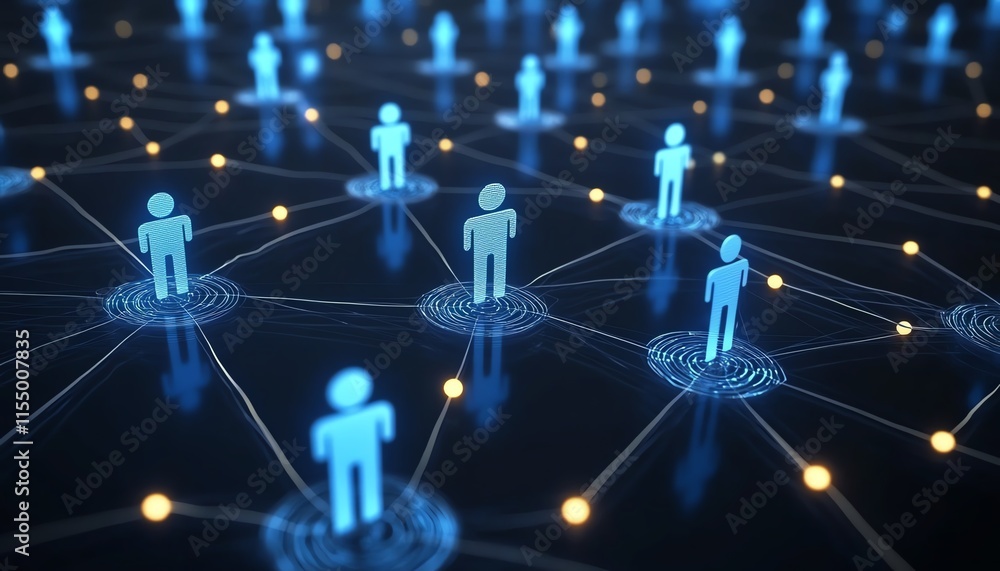 Poster abstract dark blue background with 3d rendered digital user symbols connected by glowing lines, repr