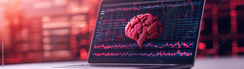 Poster close up of laptop screen displaying digital brain visualization with data graphs, symbolizing techn