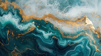 Abstract swirling patterns in teal, white, and gold create a vibrant, artistic design.