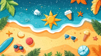 Summer beach illustration with fun holiday elements