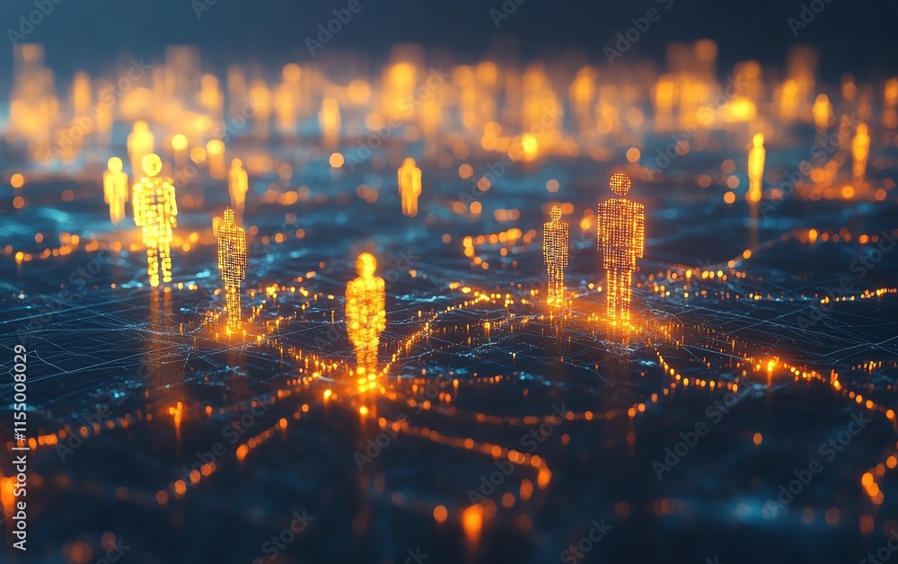 Poster Concept of social network technologies with 3D rendered user symbols, connected by dynamic lines on an abstract dark blue backdrop, representing digital communication