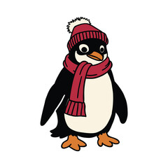 retro cartoon character penguin is wearing a red hat and scarf illustration