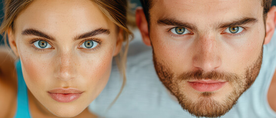 Close up of couple faces, showcasing their striking blue eyes and natural beauty