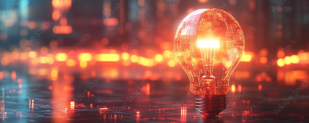 Leinwandbilder Digital lightbulb with circuit patterns, binary code, and abstract light streaks on a white background, representing innovative ideas, 3D rendering