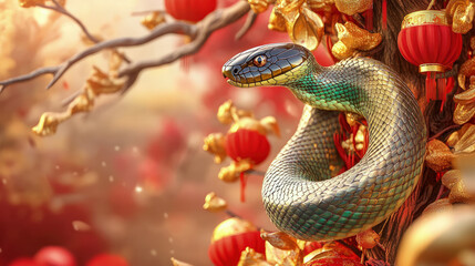 Fototapeta premium A majestic snake entwines around a decorated Chinese New Year tree, its shimmering golden and green scales adding to the festive atmosphere, with red lanterns and golden ornaments symbolizing prosperi